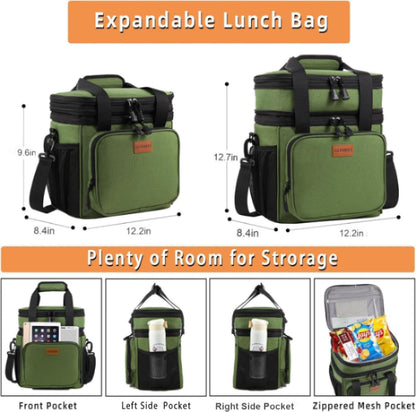 Expandable Large Lunch Bag, Double Deck Insulated Lunch Box Leakproof Durable Soft Cooler Bag for Men Women Adults Work Construction Beach Picnic Daytrip,16L,Black, GLENKEY