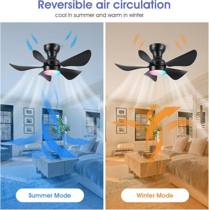 Modern Ceiling Fans with Lights Remote/APP Control, 29" Flush Mount Ceiling Fans with 3 CCT Dimmable Lights, Low Profile Ceiling Fans with 5 Propeller Blades LED Lights for Kids Room Bedroom, Brown - PuriLite