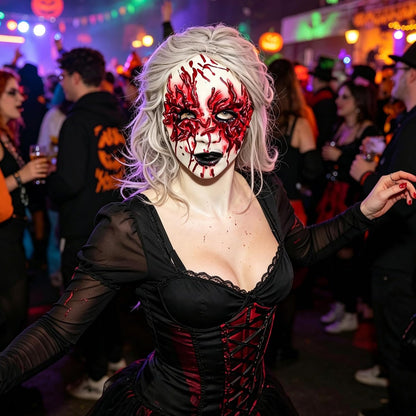 Scary Halloween Bloody Zombie Mask with White Wig for Women