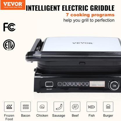 VEVOR 7 IN 1 Electric Contact Grill,1800W Indoor Panini Press Griddle,Stainless Steel Teppanyaki Grill with Nonstick&Removable Iron Plate, 0-446℉ Adjustable Temp Control,LCD Display,110V