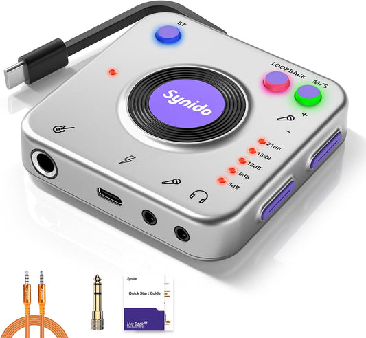 Synido Audio Interface for Music Recording with Instrument Amplification Control, 24bit/96kHz, Portable HiFi Audio Interface, Comes with USB-C, Lightweight Audio Adapter for