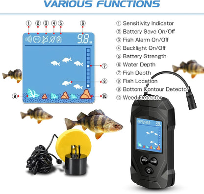 Atibin Portable Water Fish Finder Transducer Wired Handheld Depth Finder Sonar LCD Display Fish Finders Kayak FF068