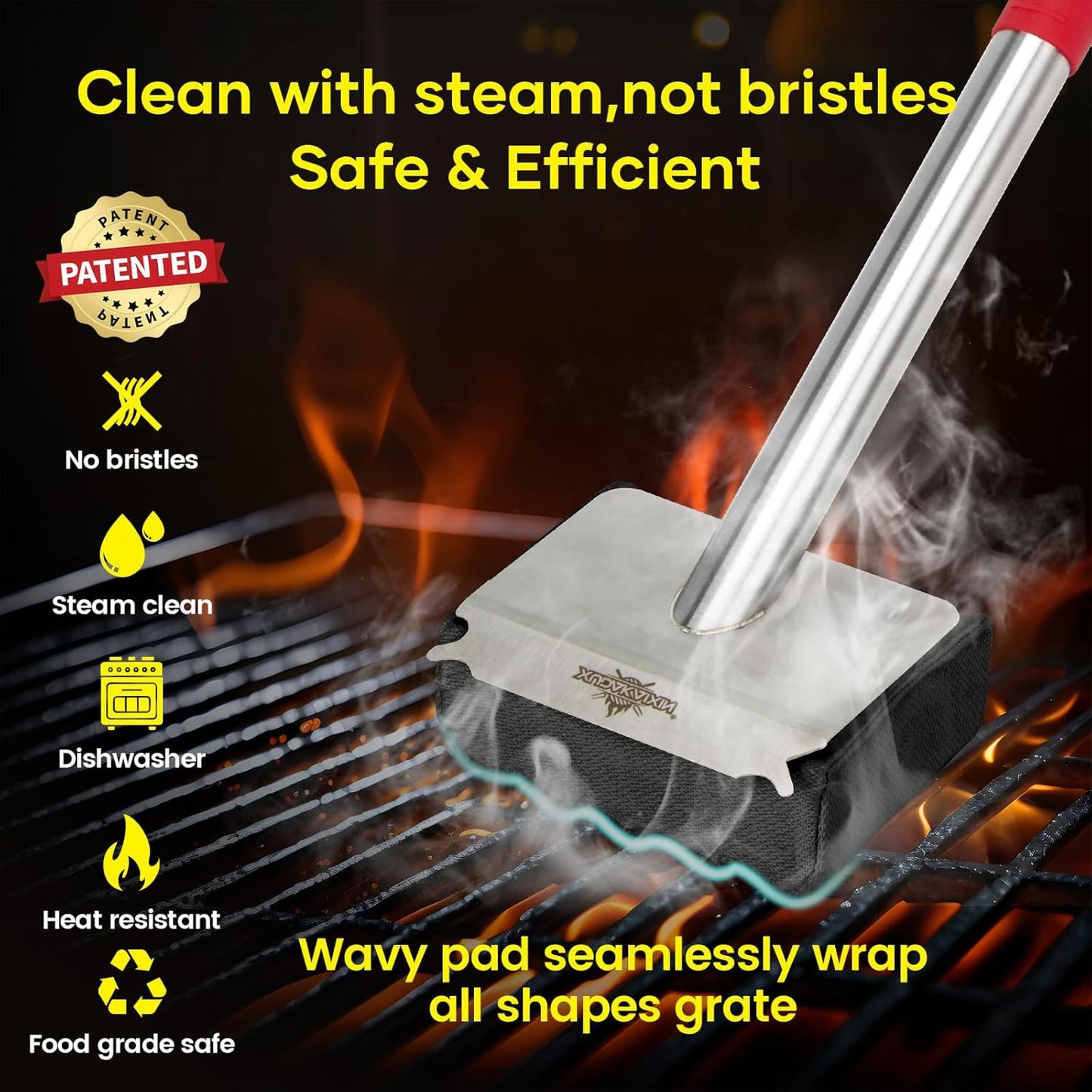 XUDAKAIXIN Grill Brush Bristle Free,Aramid Fiber Wavy Pad Seamless-Fit Cast Iron/Stainless-Steel Grates,BBQ Replaceable Scraper Cleaning Head,Safe Grill Cleaner for Outdoor Grill,Gifts for Men/Dad