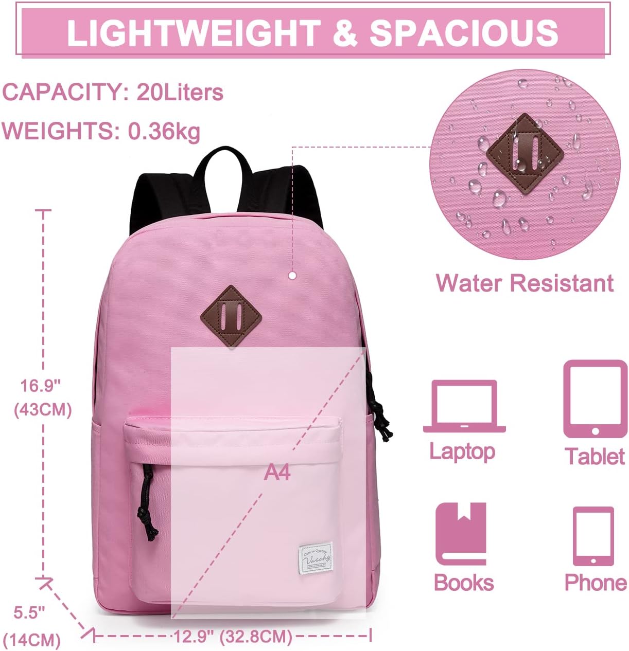 School Backpack for Kids, VASCHY Lightweight Water Resistant Casual Schoolbag Daypack for Men Women Teen Boys Girl Bookbag