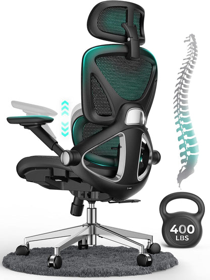 Capot Ergonomic Mesh Office Chair, Adjustable Lumbar High Back Desk Chair 400lbs, 4D Flip-up Arms, 3-Level Tilt Backrest, 3D Headrest, PU Wheels, Swivel Rolling Computer Seating for Long Desk Work