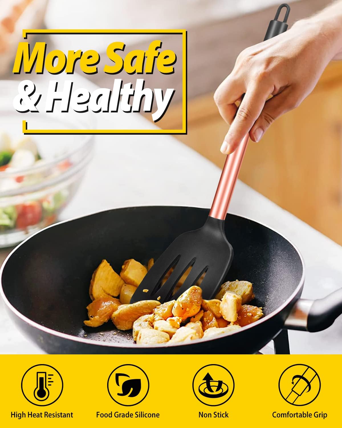 Pack of 2 Silicone Slotted Spatula,Non Stick Solid Kitchen Turner, High Heat Resistant BPA Free Cooking Utensils for Fish, Eggs, Pancakes（Black