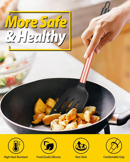 Pack of 2 Silicone Slotted Spatula,Non Stick Solid Kitchen Turner, High Heat Resistant BPA Free Cooking Utensils for Fish, Eggs, Pancakes（Black