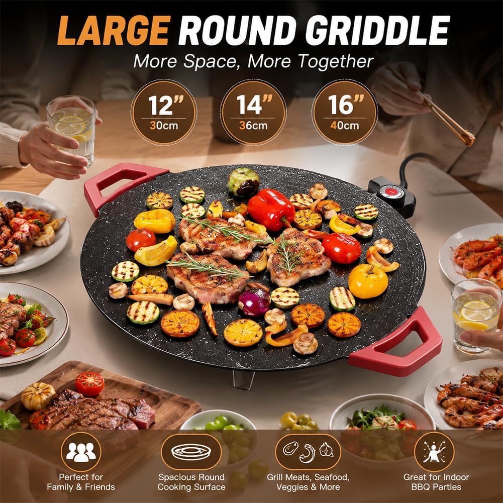 Smokeless Electric Indoor Grill | Nonstick Round Griddle with Adjustable Temperature Control