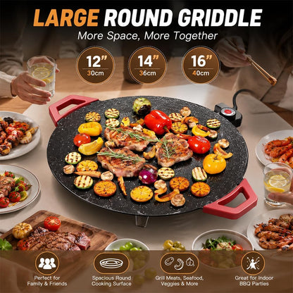 Smokeless Electric Indoor Grill | Nonstick Round Griddle with Adjustable Temperature Control