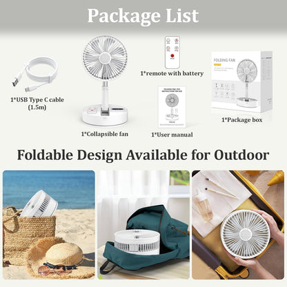 HHT Foldable Portable Standing Fan with Remote, 8" Rechargeable Floor Fan, 120° Quiet Oscillating Fan, 4 Speeds, LED Light, Timer, 7200mAh Battery, Adjustable Height Table Fan for Home Travel