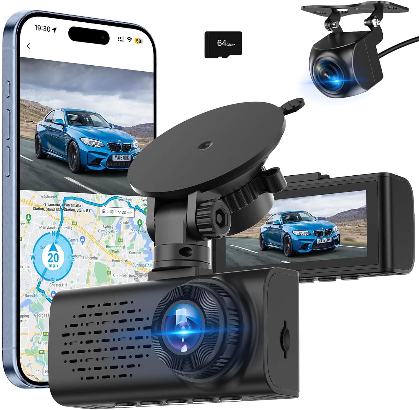 4K Dash Cam Front and Rear, 4k+1080p Dashcam for Car Built in GPS,5GHz WiFi, 64GB Card, Loop Recording Dash Cam w/Parking Monitor, Car Dash Cam Built-in Night Vision, App Control, WDR, G-Sensor