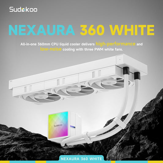 Sudokoo NEXAURA 360 White Liquid CPU Cooler: 360mm AIO CPU Cooler with PWM Pump & ARGB Pump Head - Water Cooling with FDB Fans for Intel LGA 1851/1700/1200/115X AMD AM5/AM4
