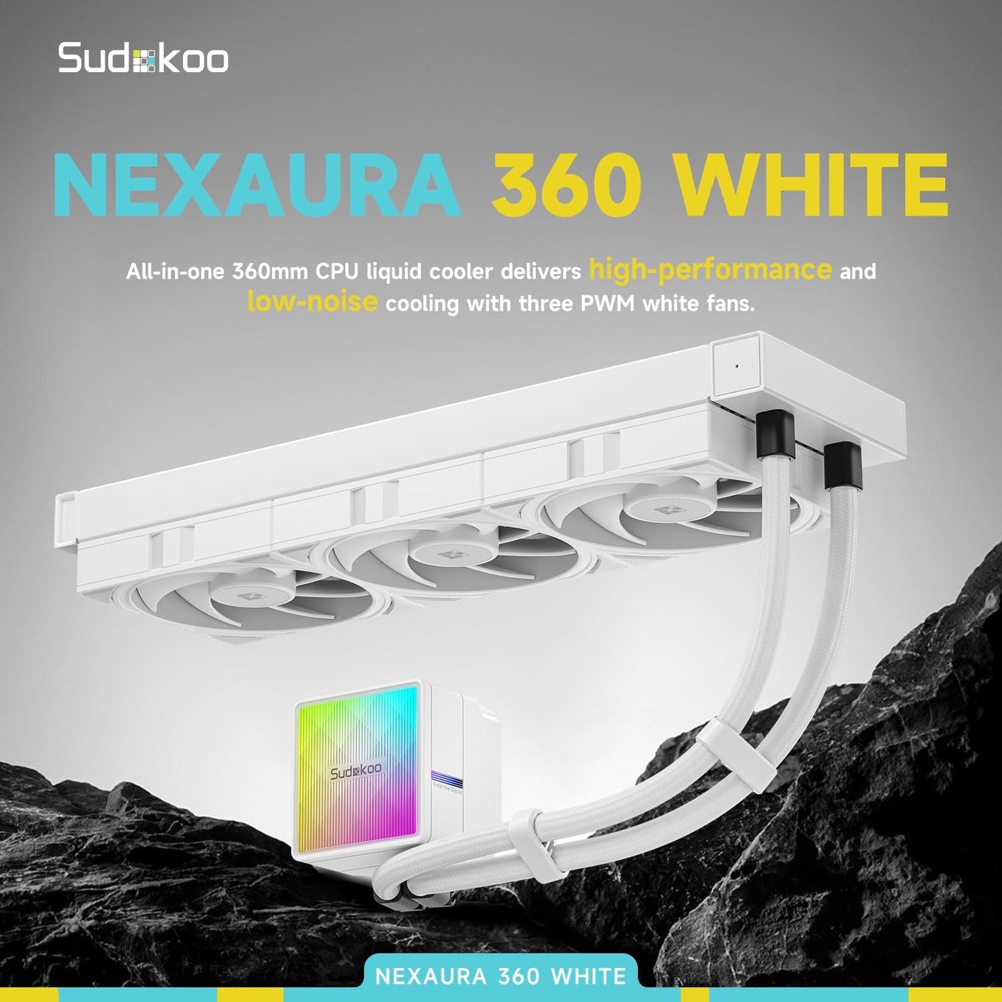 Sudokoo NEXAURA 360 Liquid CPU Cooler: 360mm AIO CPU Cooler with PWM Pump & ARGB Pump Head - Water Cooling with FDB Fans for Intel LGA 1851/1700/1200/115X AMD AM5/AM4 - Black