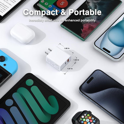 USB C Wall Charger Block 20W, 2-Pack Dual Port PD Power Delivery Fast Type C Charging Block Plug Compatible with iPhone 11/12/13/14/15/16/Pro Max, XS/XR/X Pro Samsung Galaxy