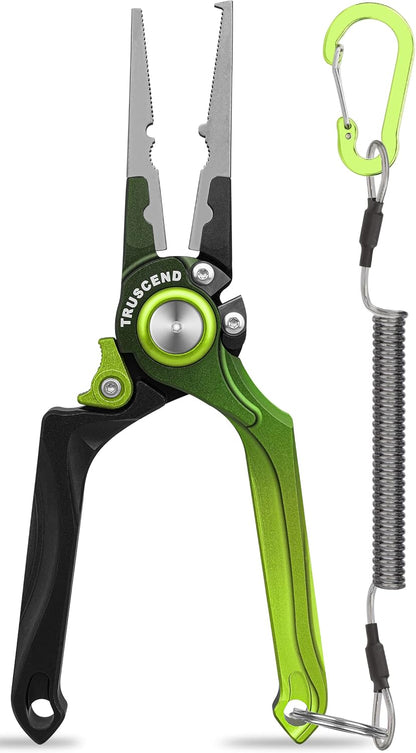 TRUSCEND Lockable Handy Fishing Pliers with Innovative Ergonomic Handle, Saltwater Corrosion Resistant Teflon Coated Fishing Tool, Multi-Function Fishing Gear with Mo-V Cutter, Amazing Fishing Gift