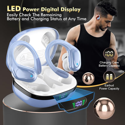 Wireless Earbuds, Sports Bluetooth Headphones, 80Hrs Playtime Ear Buds with LED Power Display, Noise Canceling Headset, IPX7 Waterproof Earphones for Workout/Running （Blue）
