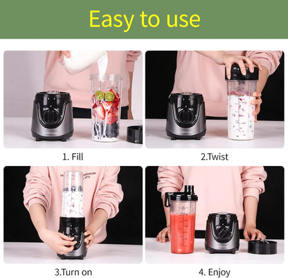 La Reveuse Personal Size Smoothies Blender 300 Watts with 24 oz BPA Free Portable Travel Sports Bottle (Grey)