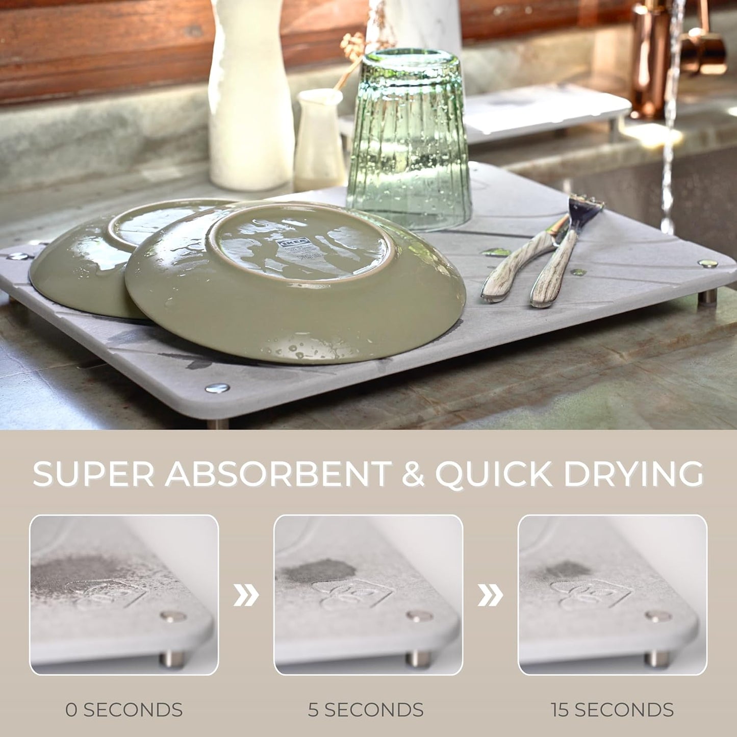 Natureva Home - Stone Dish Drying Mat | Super Absorbent, Quick Dry | Diatomite Mats for Kitchen Counter | Made of Natural Diatomaceous Earth | Absorbing Water Instantly | Design Tide | Colour Graphite