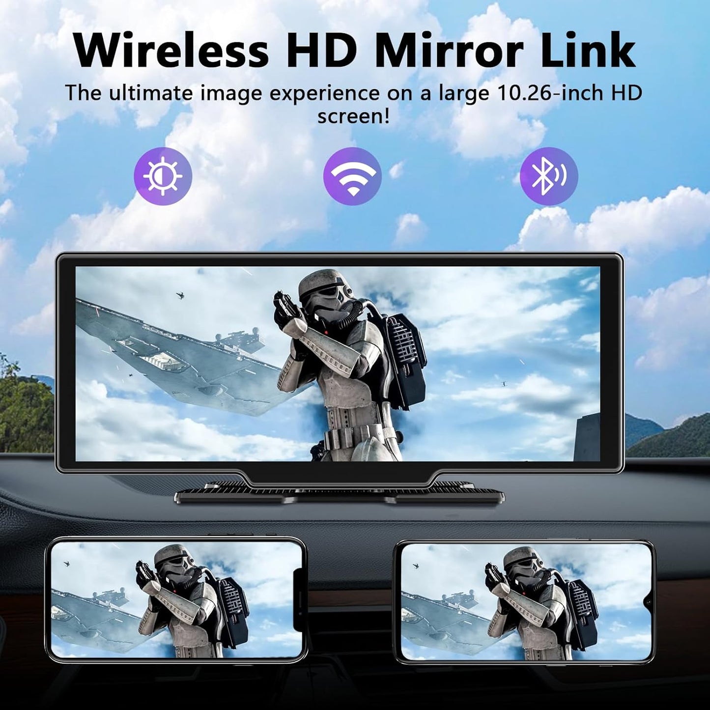 10.26 Inch Wireless Apple Carplay Screen for Car, Apple Car Play and Android Auto Screen with 4K Dash Cam Front and Rear Camera HD 1080P/FM/AUX/64G TF/Mirror Link/Voice Control/GPS Navigation