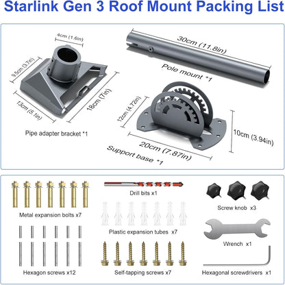 Starlink Gen 3 Mount, 180° Adjustable Starlink Mounting Kit, Heavy Duty Pivot Starlink Roof Mount, Starlink Pole Mount for Gen 3, Starlink Mount with Starlink Gen 3 Pipe Adapter