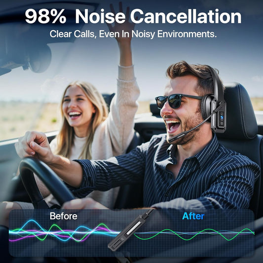 Bluetooth Headset, Trucker Bluetooth Headset with Noise Cancelling Microphone & Mute Button, 60Hrs Working Time, Wireless On Ear Headphones with Mic for Work/Cellphone/Laptop/Office - Black - PuriLite