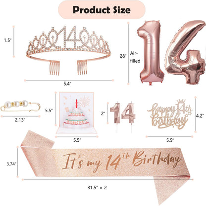 8pcs 40th Birthday Decorations gifts for Women, Including 40th Happy Birthday Cake Topper, Queen Sash with Pearl Pin, Sweet Rhinestone Tiara Crown for Women, Number Candles and Balloons (Rose Gold)