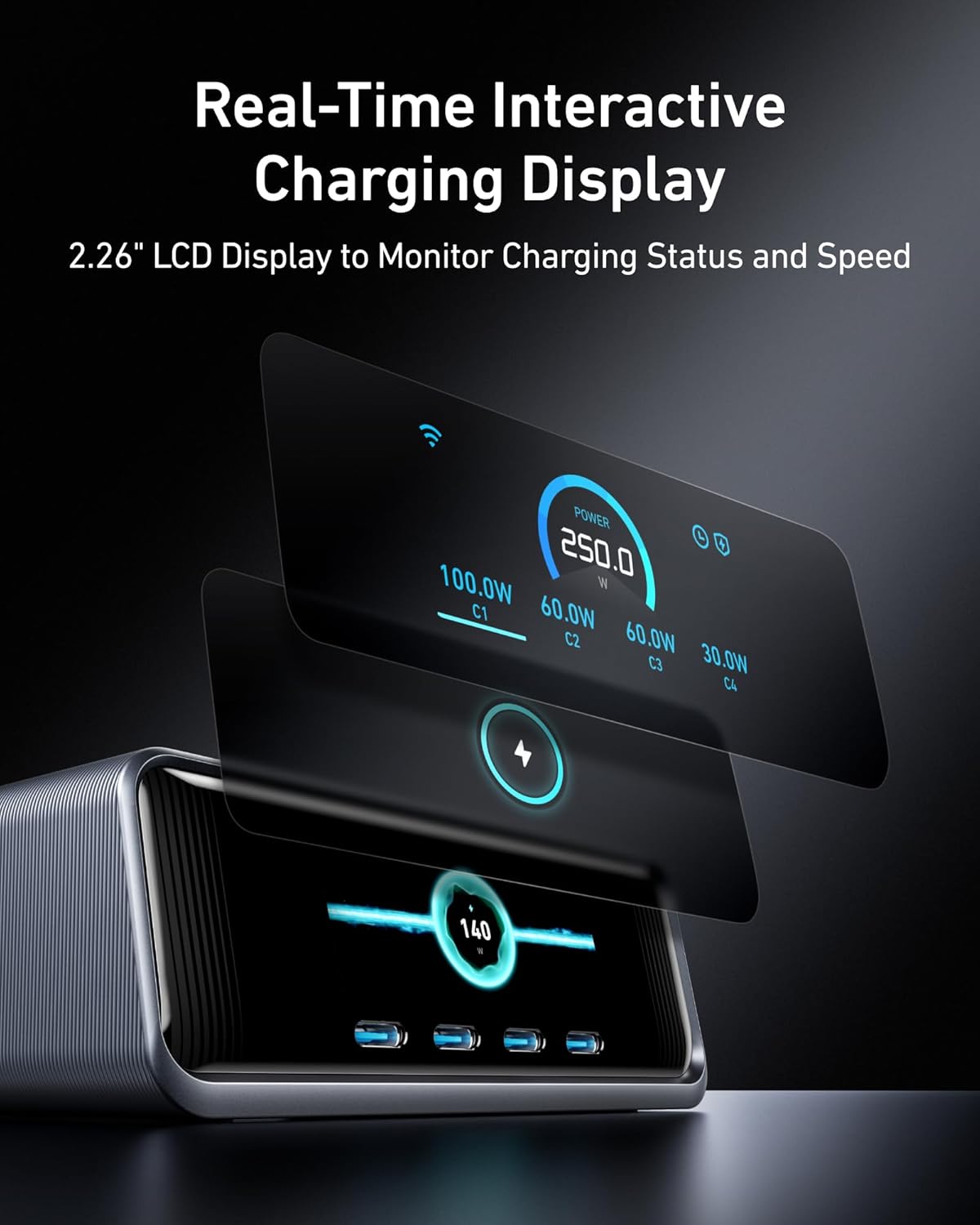Anker Prime 250W USB-C Charger, Ultra-Fast 6-Port GaN Charging Station, 2.26" LCD Display and Smart Control Dial, Compatible with MacBook Pro/Air, iPhone 15/14/13, Pixel, Galaxy, Apple Watch, and More