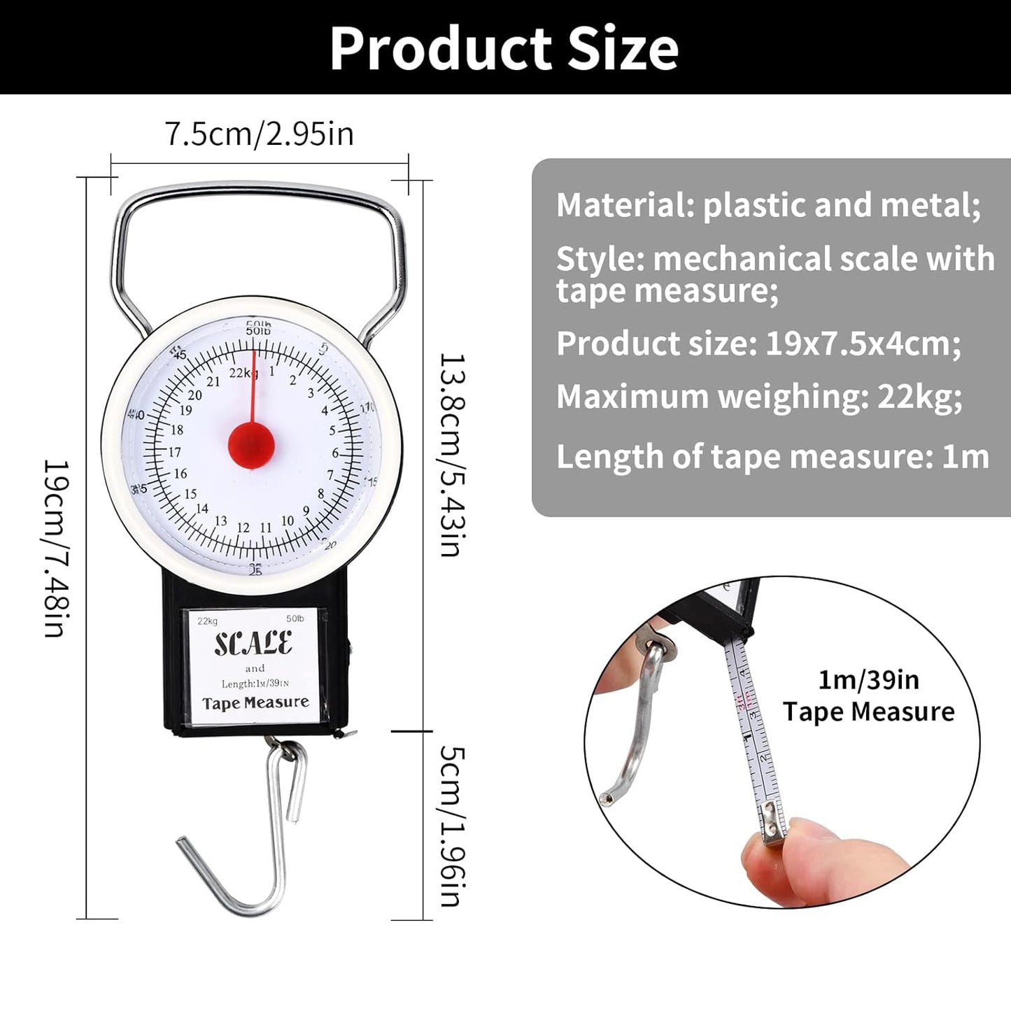 Dokpav Portable Manual Luggage Scale, Plastic Spring Balance Scale, Multi-Purpose Hand Held Dial Weight Scales, Hanging Spring Scale, Digital Hanging Scale, Household Portable Scale(50lbs/22KG)