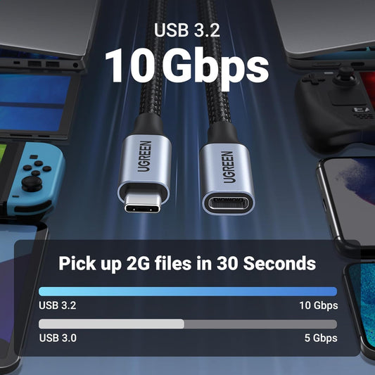 UGREEN USB C Extension Cable USB 3.2 Gen 2 10Gbps Type C Male to Female Extender Cord 4K Video 100W Fast Charge Cable for Hub, SSDs, Docking Station, iPhone 16 15, Steam Deck, Grey, 3FT - PuriLite