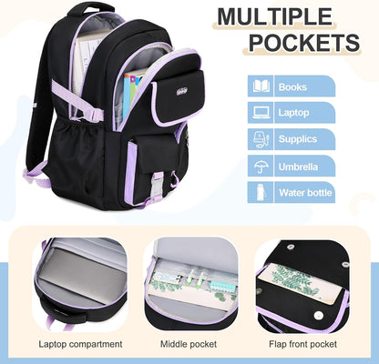 3PCS School Backpack for Girls with Lunch Box Pencil Pouch for Teen Girls Children Elementary Primary Middle High College Daypack School bag Bookbag Set Pink