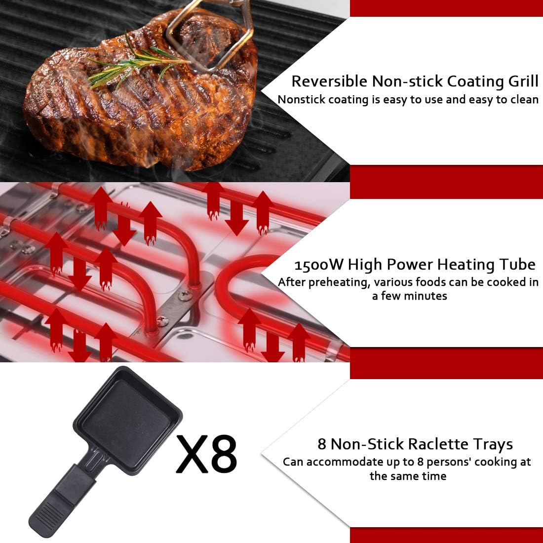 Raclette Table Grill, CUSIMAX Electric Indoor Grill, Portable Korean BBQ Grill with 2 in 1 Reversible Non-stick Plate& Natural Grill Stone, 1500W Electric Party Grill, 8 Raclette Pans& Wooden Spatulas
