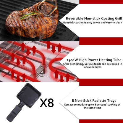 Raclette Table Grill, CUSIMAX Electric Indoor Grill, Portable Korean BBQ Grill with 2 in 1 Reversible Non-stick Plate& Natural Grill Stone, 1500W Electric Party Grill, 8 Raclette Pans& Wooden Spatulas