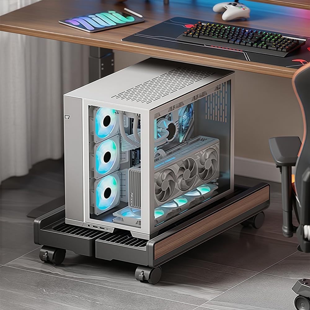Adjustable Mobile CPU Stand with 4 Caster Wheels, Ventilated Computer Tower Stand, PC Cart Holder for Floor, Computer Desktop Stand for Office, Gamers and Students (ack Wood Grain)