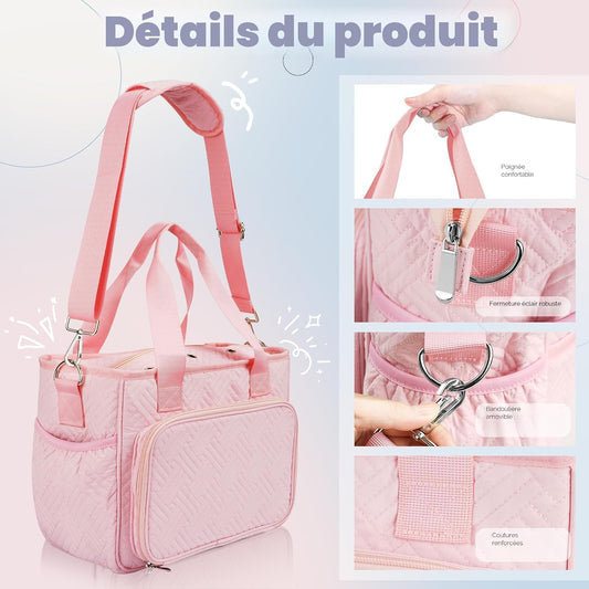 Dadanism Crochet Bag Organizer, Yarn Bag and Tote with Handle & Shoulder Strap, Yarn Storage with Multiple Pockets for Crochet Supplies, Portable Knitting Bag for Gifts/Crochet Lovers, Pink
