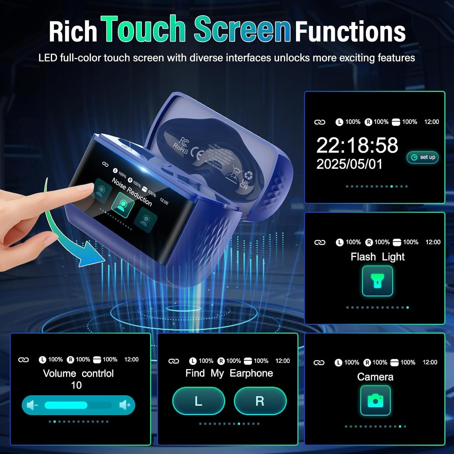 Wireless Earbuds, 2025 New Bluetooth 5.4 Ear Buds with Multifunctional Touch Screen, Bass Stereo Sound, ANC/ENC Noise-Canceling MIC, IPX7 Waterproof, 48H Bluetooth Earphones with 5 EQ Modes, Black