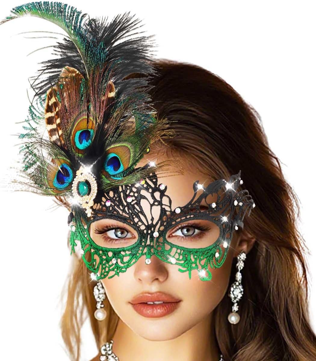Campsis Peacock Feather Masquerade Mask Green Rhinestone Lace Mask for Women