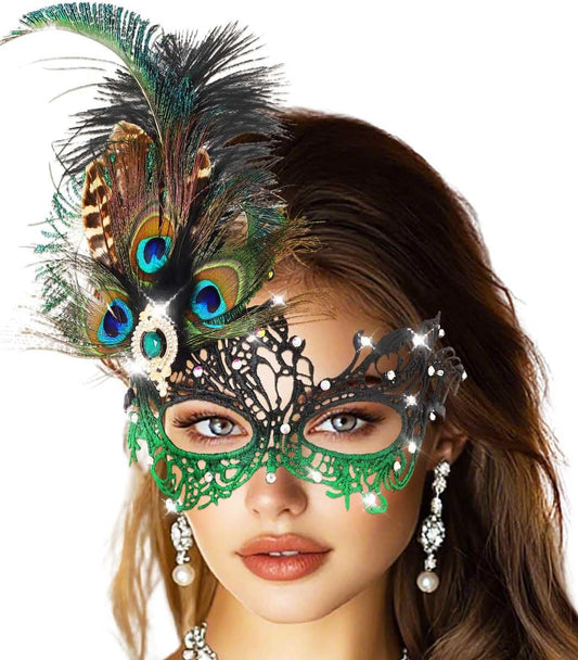 Campsis Peacock Feather Masquerade Mask Green Rhinestone Lace Mask for Women - PuriLite