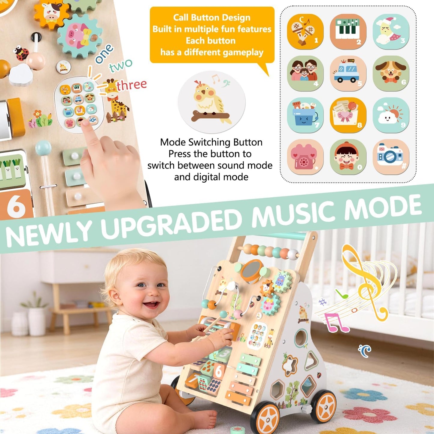 Weilim Wooden Baby Walker, 10-in-1 Montessori Push Walker for Toddlers 1+ Activity Center with Xylophone, Shape Sorter, Gears | Adjustable Speed & Height | Natural Wood Learning Walking Toy