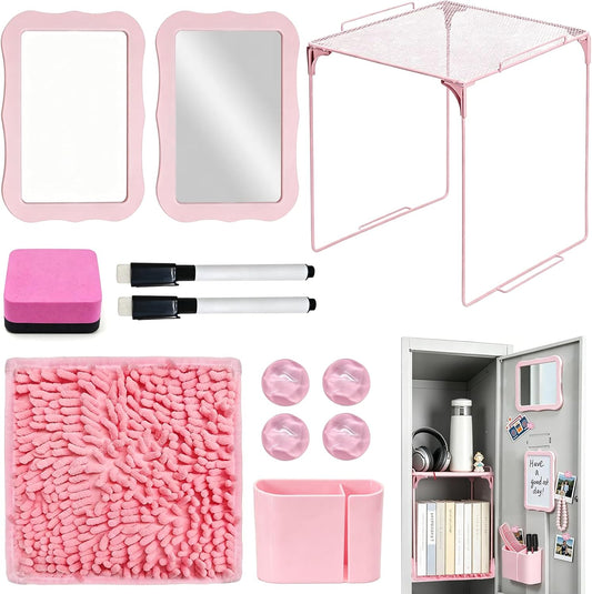 12 Pcs Girls Locker Organizer & Decorating Kit | Back to School Essentials with Shelf Carpet Magnetic Whiteboard Mirror Pen Holder Eraser, School Supplies for Teen Girls