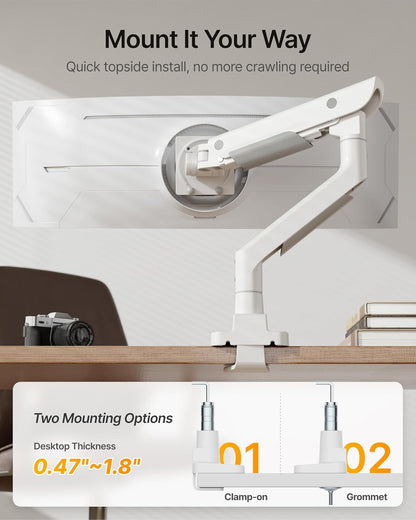 monTEK Premium Aluminum Monitor Arm for 17–57” Ultrawide Screens up to 59 lbs, USB 3.0 Single Desk Mount with Adjustable Gas Spring, Quick-Release Plate, 10-Min Assembly, Clamp/Grommet, VESA 100x100