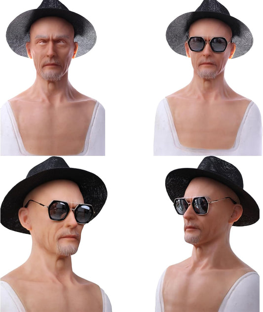 QIAOYIQIAO Charles Silicone Realistic Old Man Face Lifelike Head Mask Handmade Face for Cosplay Crossdresser Transgender - PuriLite