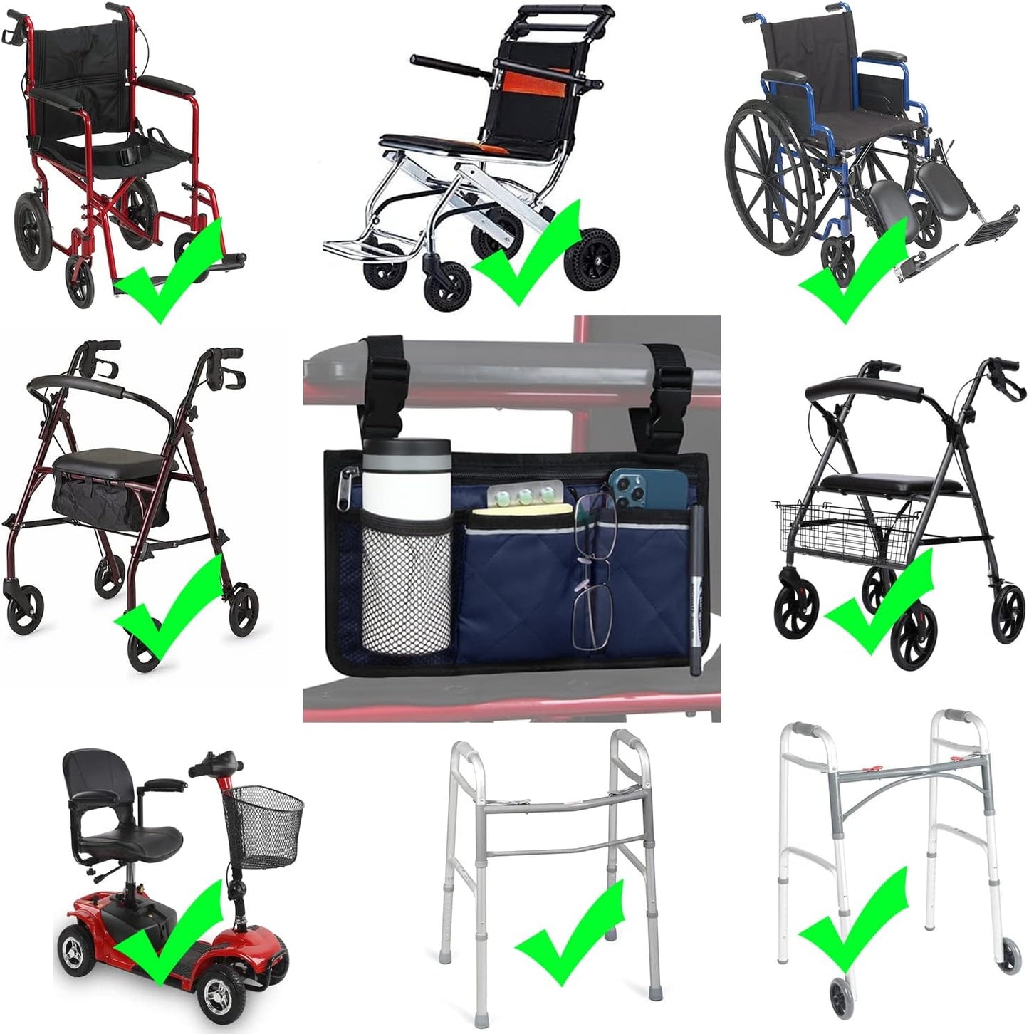 Wheelchair Side Bag, Wheelchair Armrest Storage Pouch with Cup Holder and Reflective Strip for Wheelchairs, Walkers or Rollators (Black)