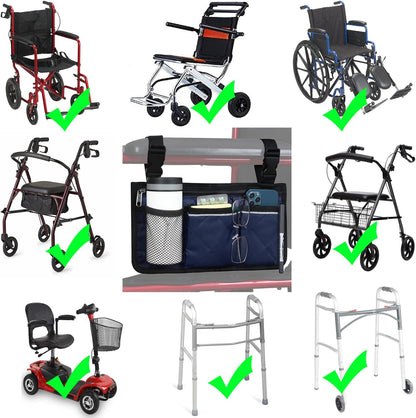 Wheelchair Side Bag, Wheelchair Armrest Storage Pouch with Cup Holder and Reflective Strip for Wheelchairs, Walkers or Rollators (Black)