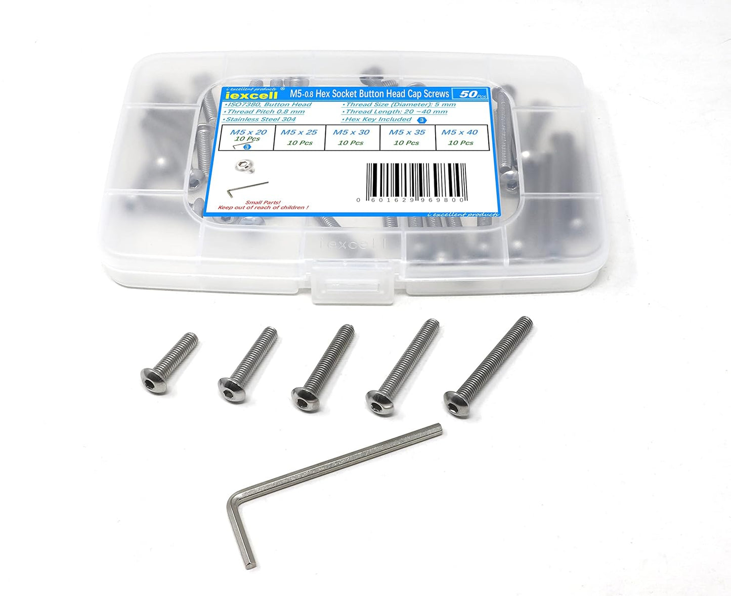 iexcell 50 Pcs M6 x 20mm Thread Pitch 1 mm Stainless Steel 304 Hex Socket Button Head Cap Screws Bolts Kit