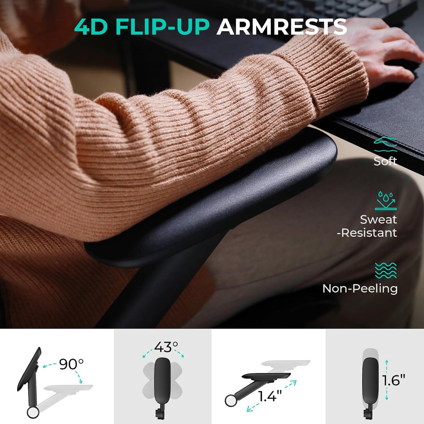 Capot Ergonomic Mesh Office Chair, Adjustable Lumbar High Back Desk Chair 400lbs, 4D Flip-up Arms, 3-Level Tilt Backrest, 3D Headrest, PU Wheels, Swivel Rolling Computer Seating for Long Desk Work