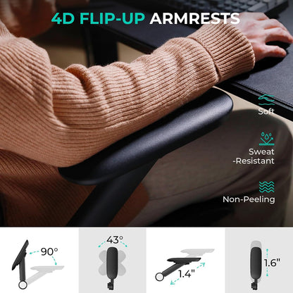 Capot Ergonomic Mesh Office Chair, Adjustable Lumbar High Back Desk Chair 400lbs, 4D Flip-up Arms, 3-Level Tilt Backrest, 3D Headrest, PU Wheels, Swivel Rolling Computer Seating for Long Desk Work