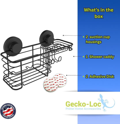 Gecko-Loc Suction Cup Shower Caddy Bath Organizer - Bathroom Storage Basket (Black, Combo)