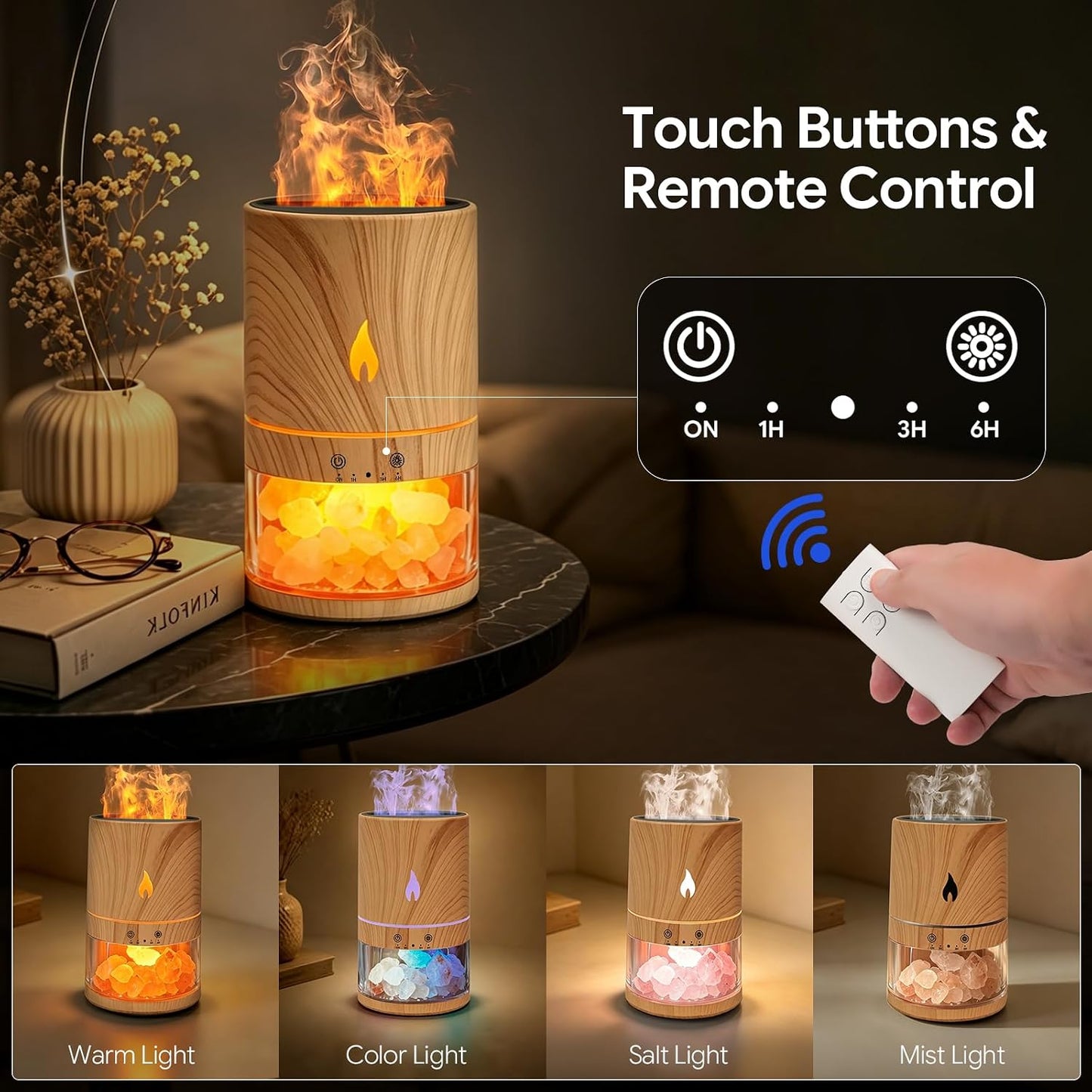 5-in-1 Flame Himalayan Salt Lamp Ultrasonic Essential Oil Diffuser, Cool Mist Humidifier, 1H/3H/6H Timer, Auto Shut-Off, Quiet Aromatherapy, 100% Pure Salt Crystals, 250ml (Wood)