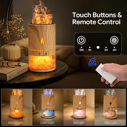 5-in-1 Flame Himalayan Salt Lamp Ultrasonic Essential Oil Diffuser, Cool Mist Humidifier, 1H/3H/6H Timer, Auto Shut-Off, Quiet Aromatherapy, 100% Pure Salt Crystals, 250ml (Wood)