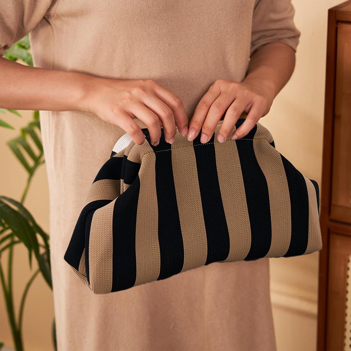 Purilite Select | Knitted Clutch Bag | Colorblock Crochet Handbag | Casual Dumpling Clutch with Kiss Lock for Beach & Everyday Use